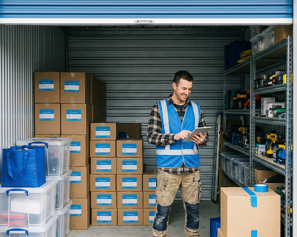 Man wearing a blue safety vest stands in a self storage unit with stacked boxes and shelves, using a tablet.